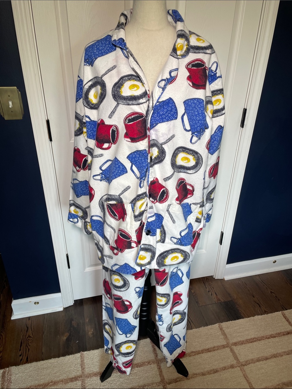 Vintage Left Coast Product Company Flannel Pajama Set Breakfast Print Cotton XL